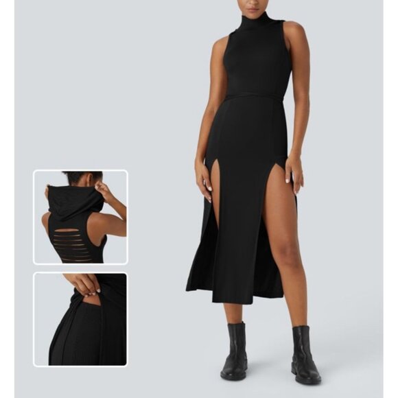 Halara Ribbed Hooded High Neck Sleeveless Cut Out Tie Back 2-Piece Midi Casual D - Picture 1 of 14